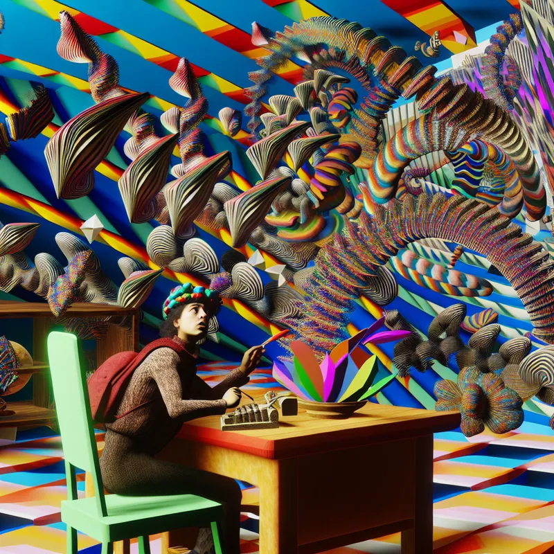 Een genderneutraal persoon zit aan een grote, vervormde tafel vol chaotische geometrische vormen, terwijl ze met intense expressie kleurrijke emotiebursts uitspuwen, omringd door surrealistische patronen en een onmogelijke trap op de achtergrond.