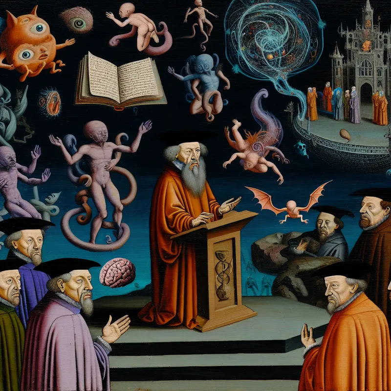 Surrealistische afbeelding van een professor die een les geeft aan een groep studenten omringd door bizarre wezens en metafysische elementen