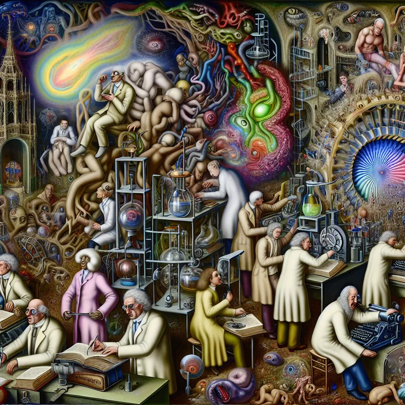 Surrealistische scene van een universiteit met diverse onderzoekers en studenten die bizarre onderzoeksactiviteiten uitvoeren rond een gigantisch boek, met een swirl van lichtgevende ideeën en vreemde wezens.