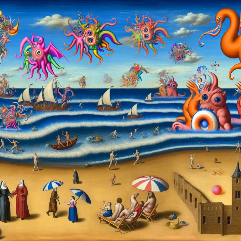 Een gezin geniet van strandactiviteiten in een surrealistische vakantiescène, geïnspireerd door Hieronymus Bosch.