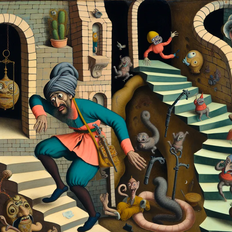 Een clumsy persoon valt van een surrealistische trap, omringd door bizarre wezens die lachen.