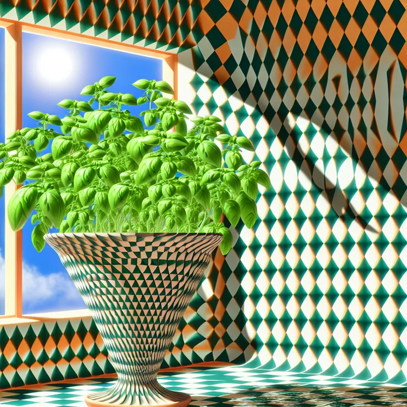Een surrealistisch beeld van een geometrische vensterbank met een grote pot vol levendig groene basilicum, versierd met optische illusies.