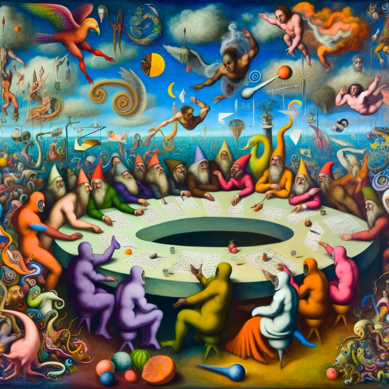 Een surrealistische vergader scène met diverse karakters en fantastische wezens die een discussie voeren aan een lange, kromme tafel vol bizarre objecten.