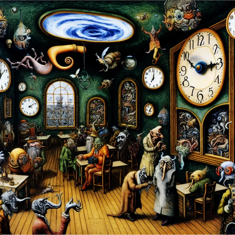 Een surrealistische vergadering voor bizarre creaturen met een dramatische figuur die de start van de bijeenkomst signaleert.