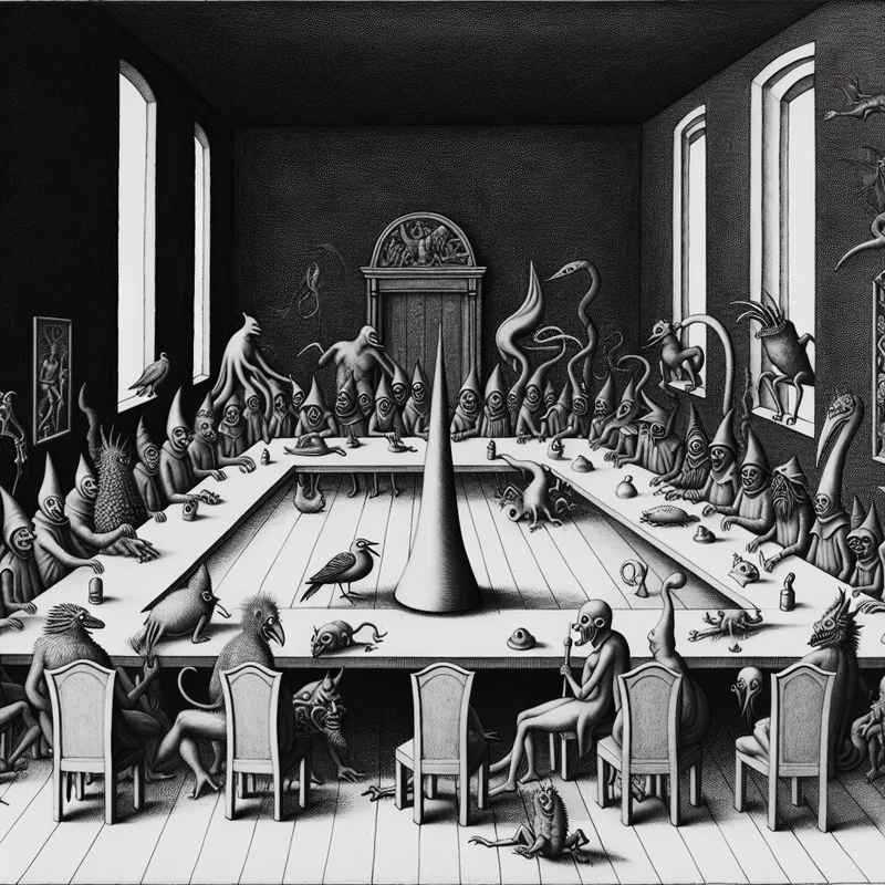 Surrealistische vergaderingssfeer met fantasiefiguren rondom een grote tafel en een puntig voorwerp als discussiepunt.