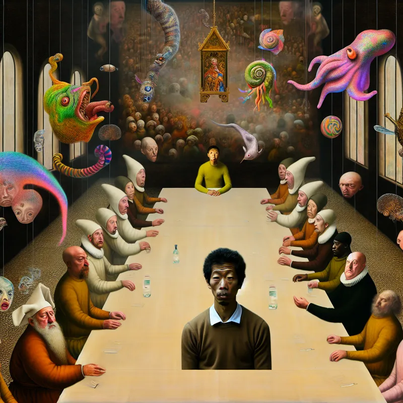 Een surrealistisch tafereel geïnspireerd door Hieronymus Bosch met een man die passief zit aan een lange tafel, omringd door bizarre wezens die hem beoordelen.