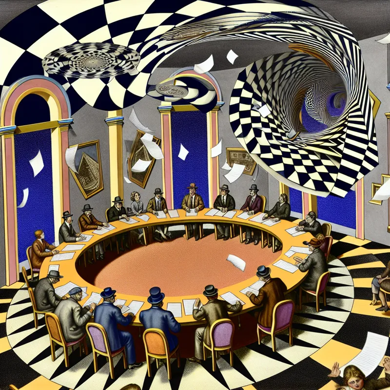 Een surrealistische vergaderruimte in de stijl van M.C. Escher, met diverse mensen die een levendige discussie voeren omringd door optische illusies en geometrische patronen.