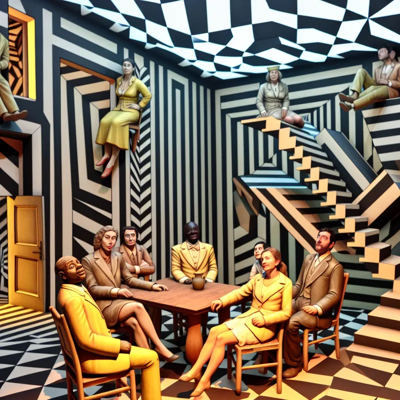 Een surrealistische vergaderzaal met mensen in verwarring, gekenmerkt door onmogelijke structuren en optische illusies.