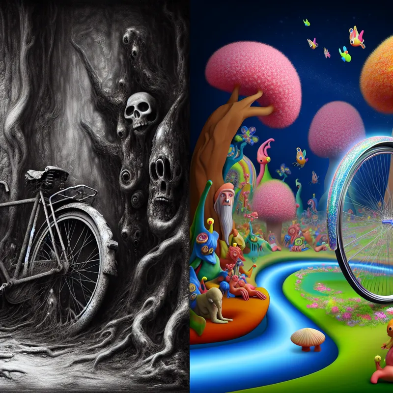 Surrealistische vergelijking tussen een roestige, kapotte fiets in een duister landschap en een glanzende, moderne fiets in een paradijselijke omgeving, geïnspireerd op Hieronymus Bosch