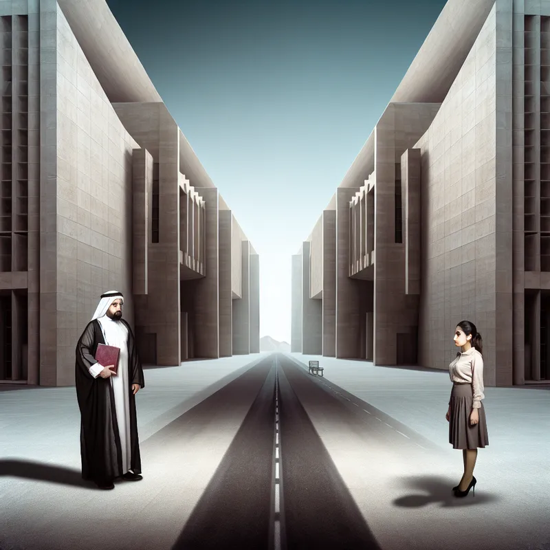 Twee figuren, een leraar en een student, staan tegenover elkaar op een lege straat in een surrealistisch schilderij dat spanning in menselijke verhoudingen uitbeeldt