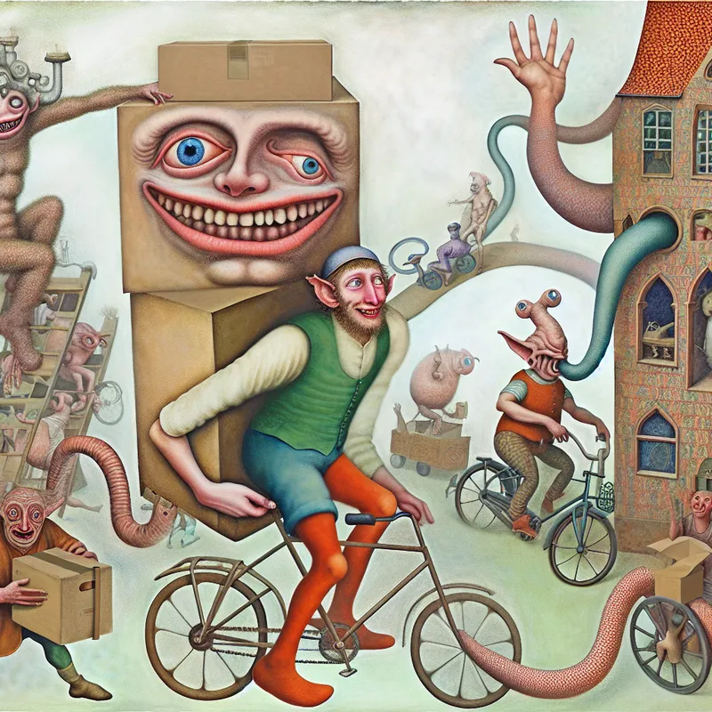 Surreal scène van een reusachtig, grijnzend wezen dat helpt met verhuizen, omringd door vreemde wezens met een mens die dankbaarheid toont.