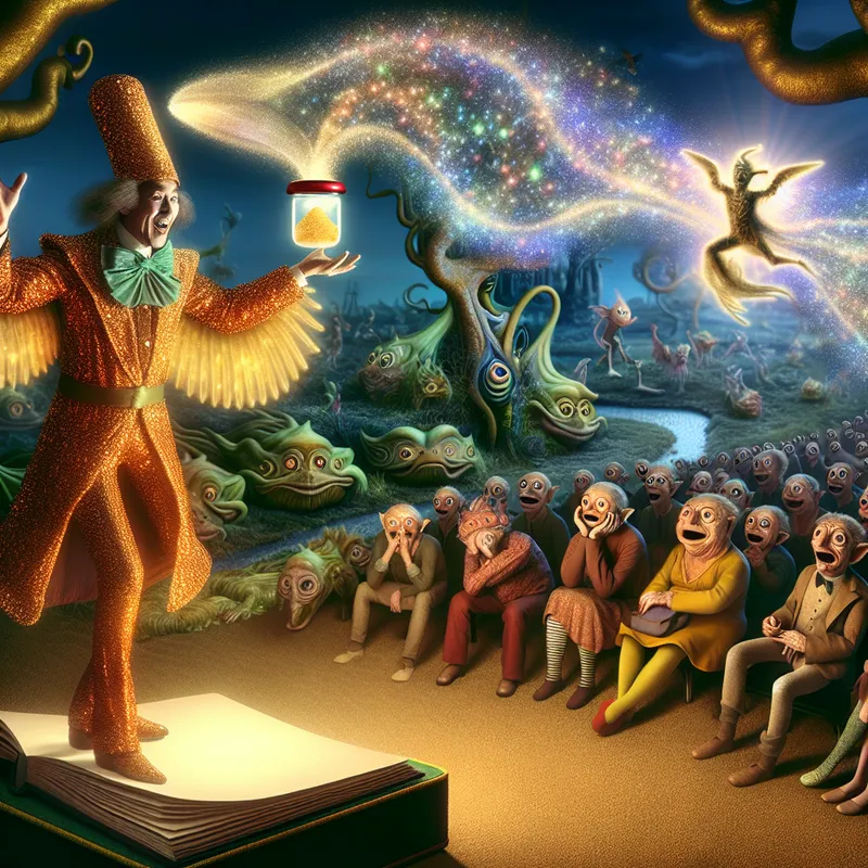 Een surrealistisch tafereel van een verteller die zijn verhaal probeert te verzoeten, terwijl kleurrijke wezens gefascineerd toekijken.
