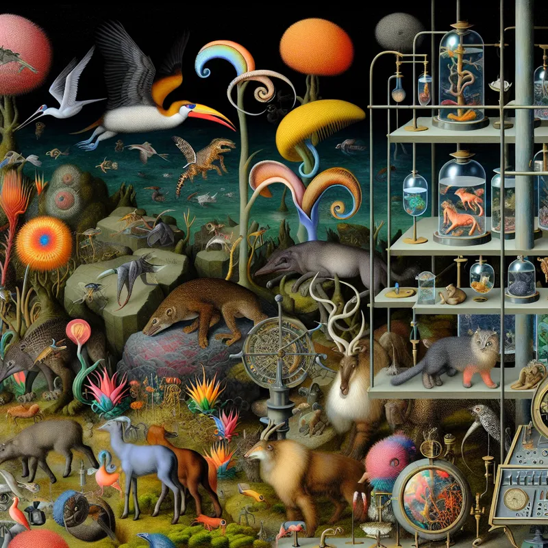 Surrealistische afbeelding van een vreemde verzameling kleurrijke en fantasierijke wezens in een laboratoriumsetting.