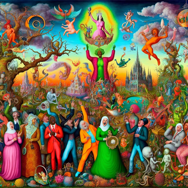 Surrealistische scène met diverse mensen die blijdschap en goedkeuring tonen in een kleurrijke tuin, met een figuur die een trofee vasthoudt te midden van vreugdevolle wezens.