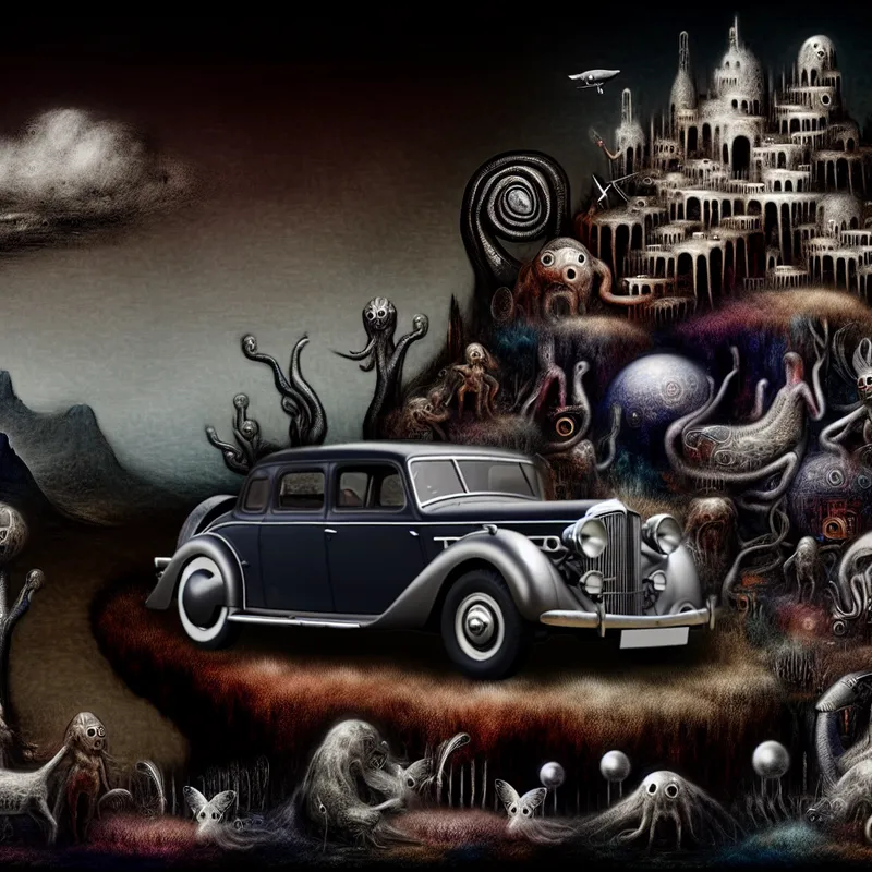 Surrealistische afbeelding van een vintage auto omringd door fantasierijke wezens in een droomlandschap, dat eigendom uitdrukt.