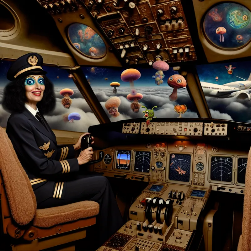 Surrealistisch cockpitbeeld in de stijl van Hieronymus Bosch met een ervaren piloot die het vliegtuig bestuurt, omringd door dromerige en bizarre elementen zoals zwevende instrumenten en fantasielandschappen