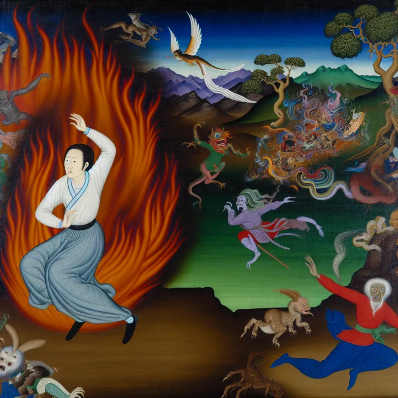 Een persoon in een chaotische omgeving met een woedend vuur en bizarre wezens, die paniek en de noodzaak om te ontsnappen symboliseren.