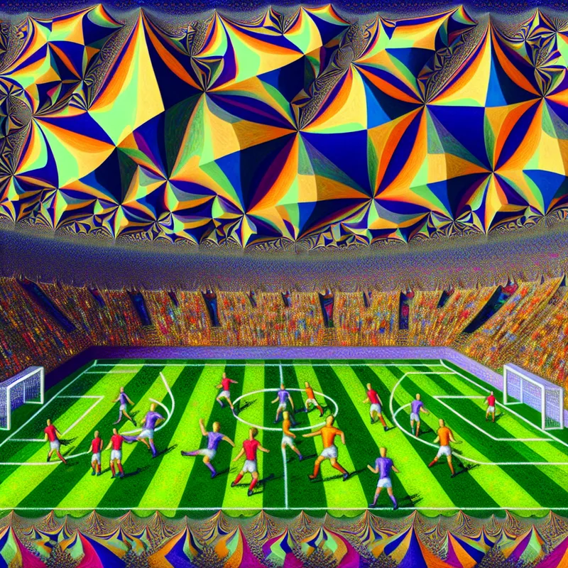 Surrealistische afbeelding van een lokale voetbalcompetitie in een creatief vervormde stadsuitzicht, met spelers en fractale toeschouwers.