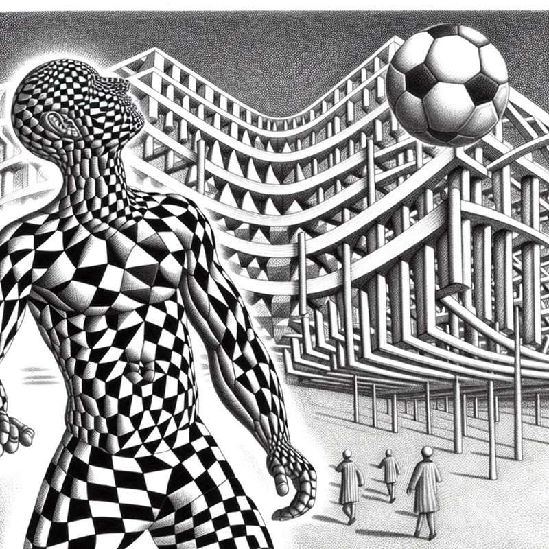 Surrealistische voetbalspeler van geometrische vormen in een onmogelijk stadion, symbool voor taaiheid en duurzaamheid