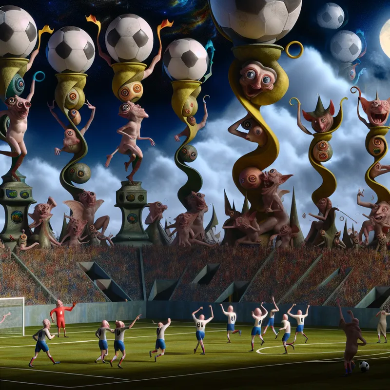 Surrealistische afbeelding van een fantasiewedstrijd tussen antropomorfe dieren die juichen na het scoren van een doelpunt in een duistere sfeer.
