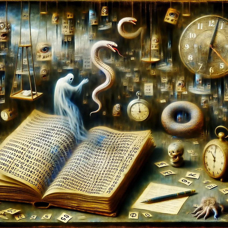 Een surrealistisch tafereel van een open boek vol onbegrijpelijke cijfers, met een spookachtige figuur die met een pen fouten probeert te corrigeren, omringd door mythische wezens die desinformatie symboliseren.