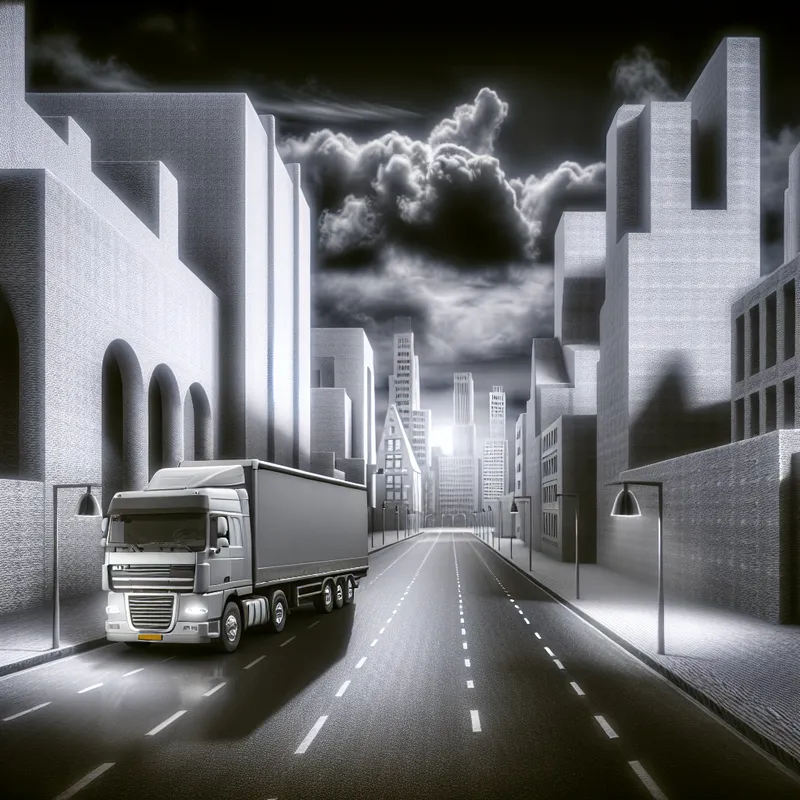 Een hyperrealistische vrachtwagen rijdt langzaam door een surrealistische stad met monumentale architectuur en een dramatische lucht.