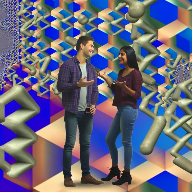 Speelse groep vrienden in surrealistische setting met geometrische patronen, betrokken in humoristische gesprekken over informele relaties.