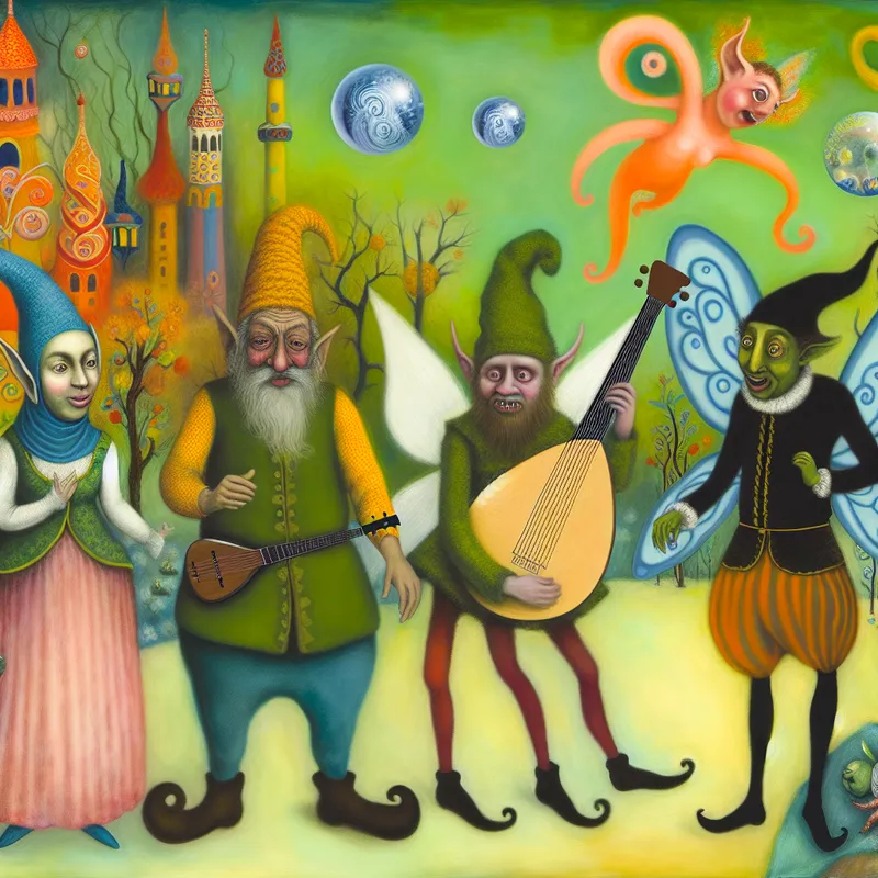 Een surrealistisch tafereel met vier unieke karakters die vriendschap en eenheid vertegenwoordigen in een droomachtige omgeving vol bizarre wezens.