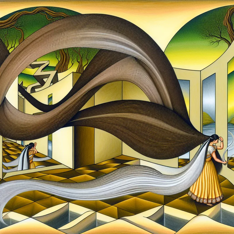 Surrealistische afbeelding van een vrouw die haar lange haar kamt te midden van spiegelachtige geometrische vormen.