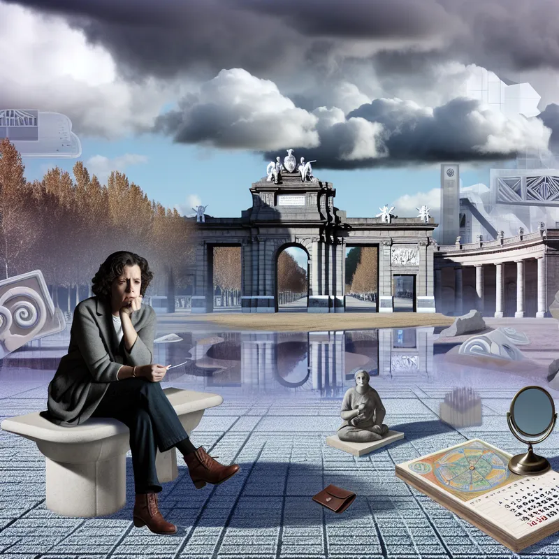 Een vrouw met een bedachtzame uitdrukking zit alleen op een monumentale bank in een leeg, grootstedelijk landschap onder een bewolkte lucht.