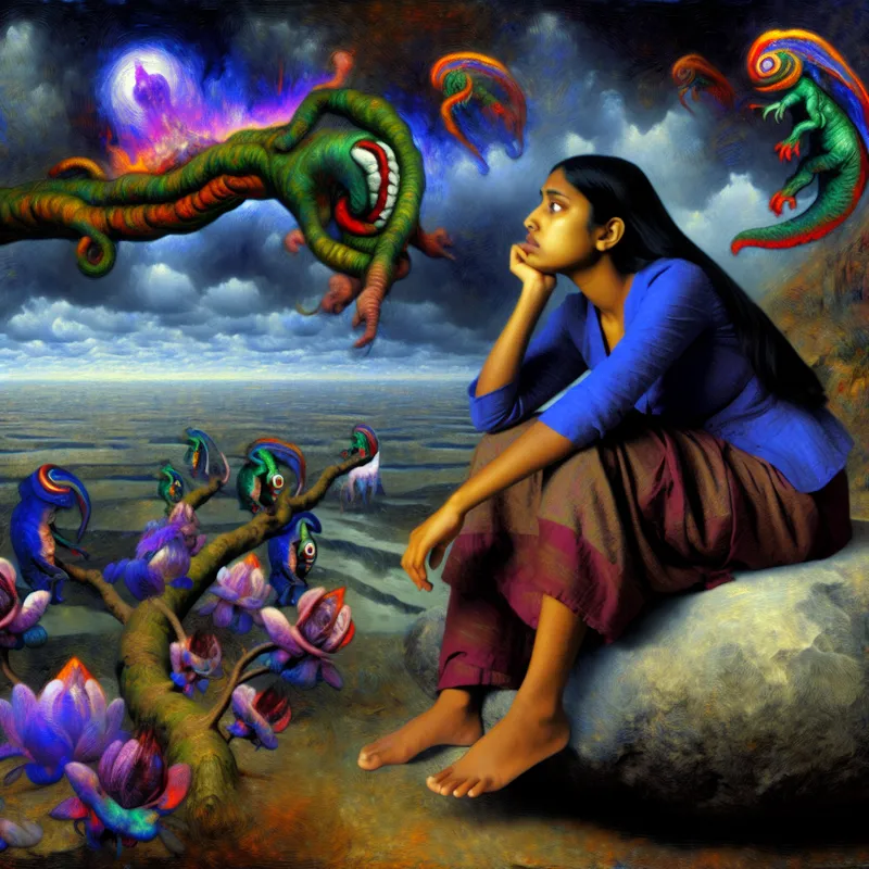 Surrealistische afbeelding van een vrouw die op een grote rots zit in een fantasierijk landschap vol bizarre wezens, met een melancholische blik en een verre horizont.