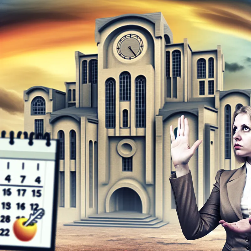 Een goed geklede vrouw staat in de voorgrond met haar hand geheven, terwijl ze iets vraagt, met een monumentaal surrealistisch gebouw op de achtergrond en een kleurrijke lucht.