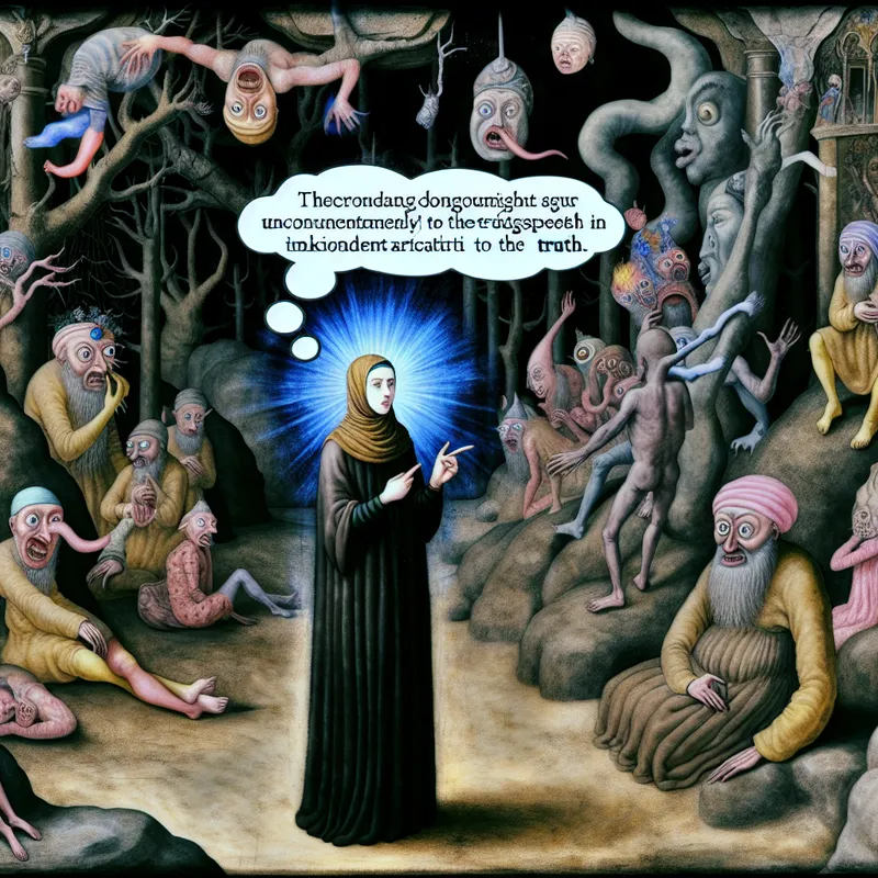 Een jonge vrouw spreekt de waarheid te midden van bizarre wezens die haar woorden reageert met vervormde uitdrukkingen in een surrealistische omgeving.