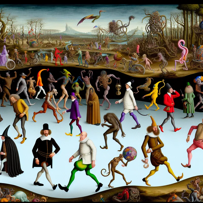 Een surrealistische afbeelding met verschillende bizarre karakters die unieke wandelsstijlen vertonen, geïnspireerd door Hieronymus Bosch.