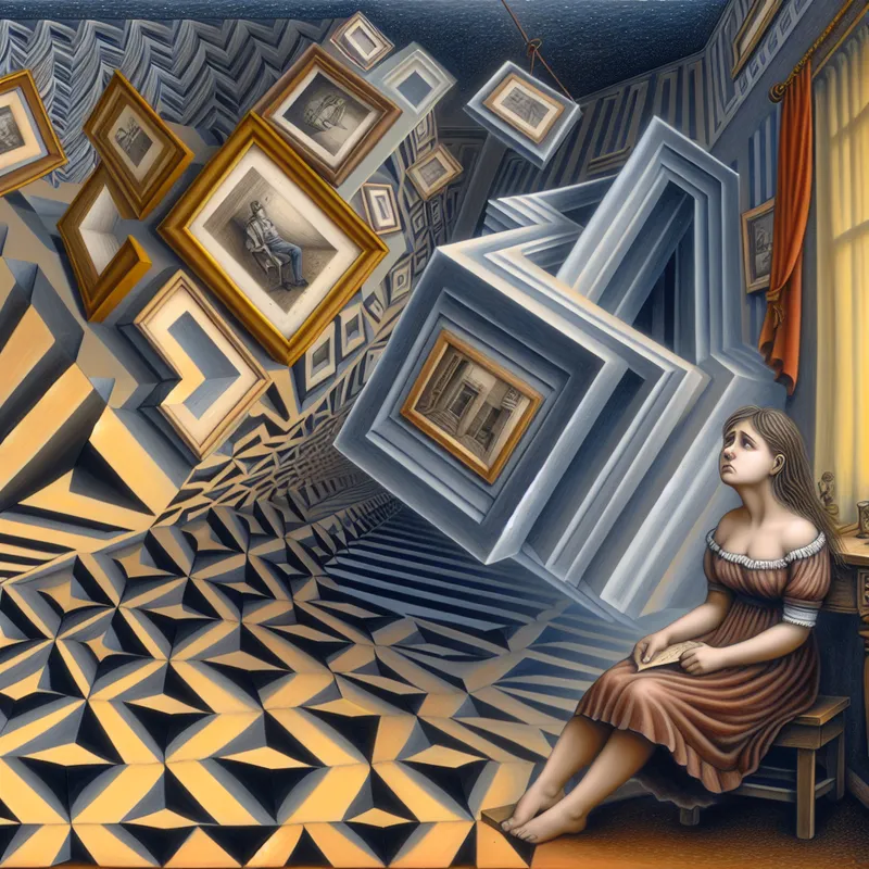 Een jonge vrouw zit in een surrealistische kamer met geometrische structuren, kijkend naar een zwevende foto met een uitdrukking van verdriet.