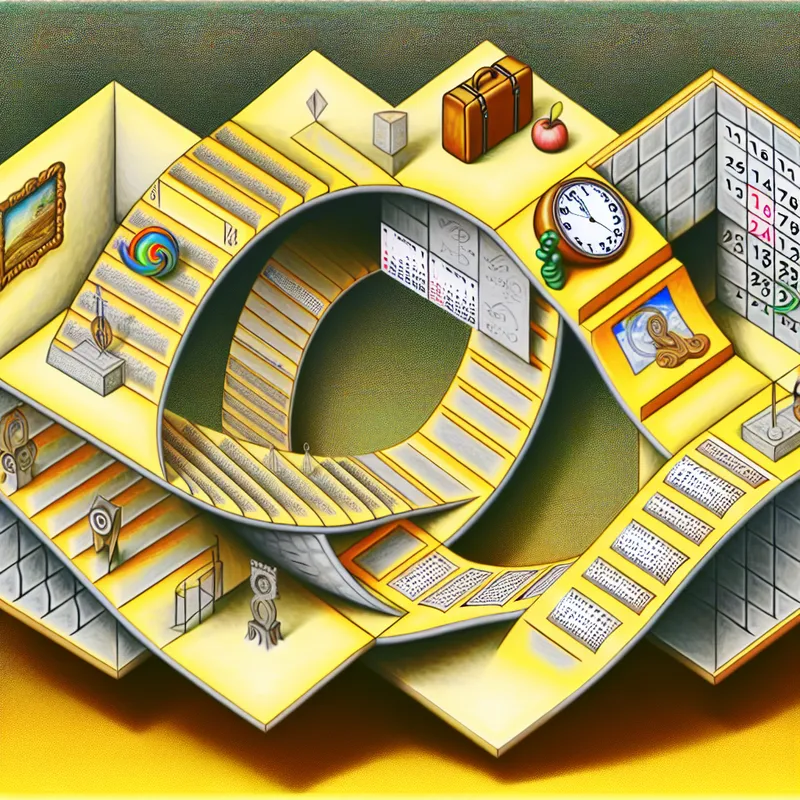 Surrealistische weergave van een week in de stijl van M.C. Escher met symbolische motieven voor elke dag