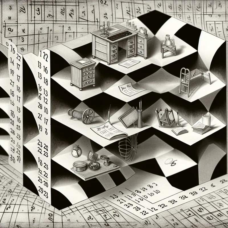 Een kalenderpagina met geometrische blokken die een week weergeven, met een surrealistische stijl en een optische illusie-effect.
