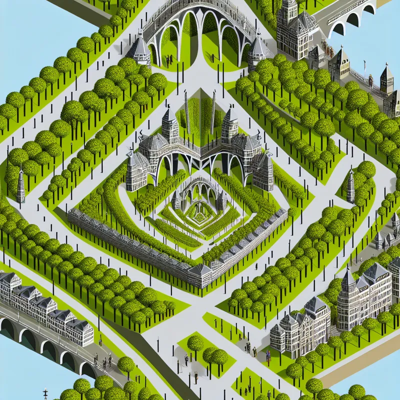 Geometrische, surrealistische afbeelding van Arnhem met belangrijke bezienswaardigheden zoals de John Frostbrug en het Openluchtmuseum, omgeven door parken en wiskundige patronen.