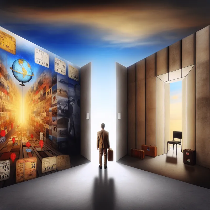 Surrealistisch schilderij van een persoon die aarzelt tussen levendige herinneringen aan reizen en een lege, koele kamer, symboliserend de spanning tussen verleden en heden