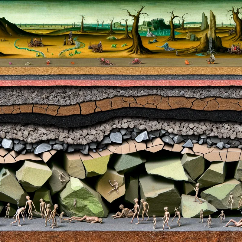Surrealistische doorsnede van een weg met natuurlijke en aangelegde lagen, waaronder steenslag en droge grond, geïnspireerd op Hieronymus Bosch