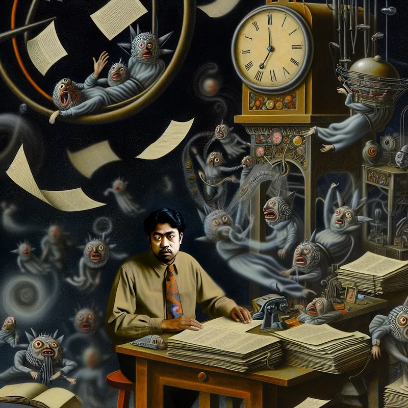 Een persoon zit aan een chaotisch bureau vol met papier en vreemde wezens die stress en druk symboliseren, in een donkere en surrealistische sfeer.