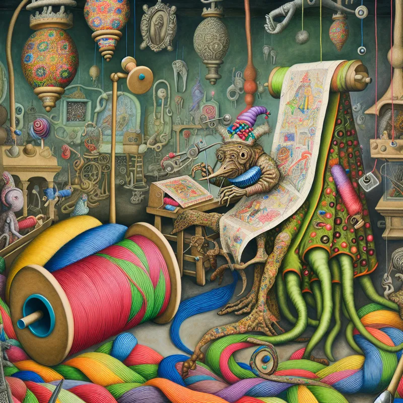 Een surrealistische werkplaats gevuld met bizarre wezens die aan borduurwerk werken, met een grote kleurrijke klos garen op de voorgrond.