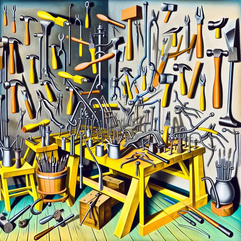 Een surrealistische werkplaats vol met verschillende handgereedschappen die in geometrische patronen zijn gerangschikt, met optische illusies en kleurcontrast.