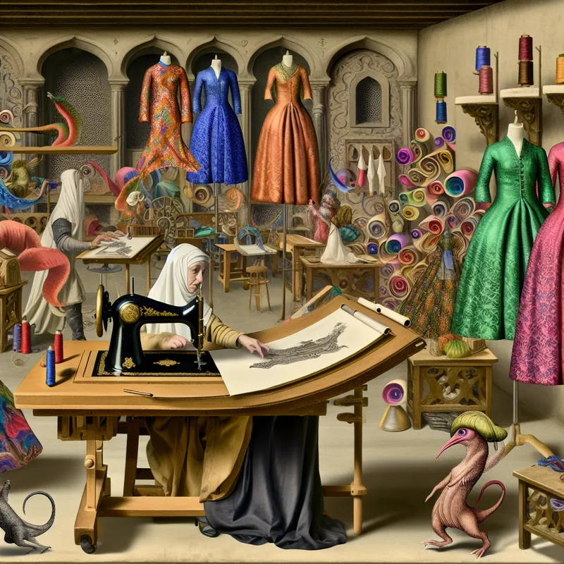 Surrealistisch atelier met designer en fantasiewezens, geïnspireerd door Bosch