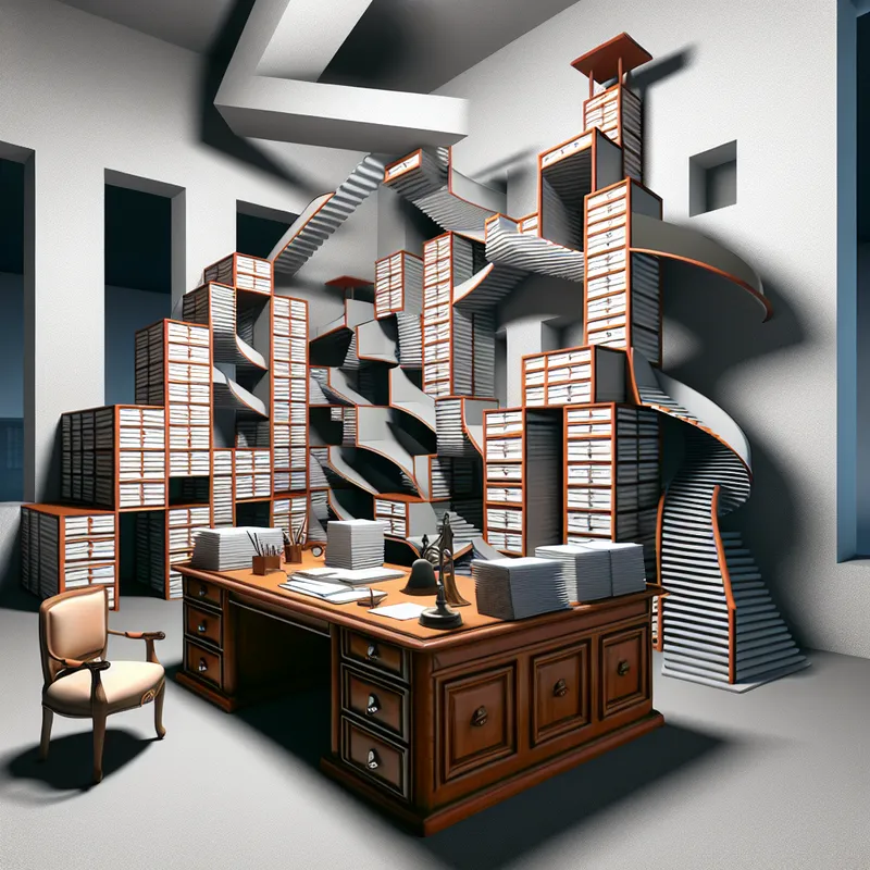 Surrealistisch kantoor van een leidinggevende in M.C. Escher-stijl met onmogelijke architectuur en geometrische precisie