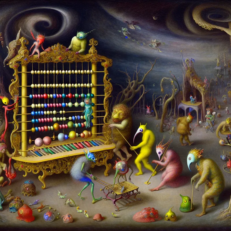 Een surrealistisch tafereel met verschillende fantasiewezens die om een grote abacus verzamelen, terwijl ze kleurrijke objecten toevoegen onder een donkere, draaiende lucht.