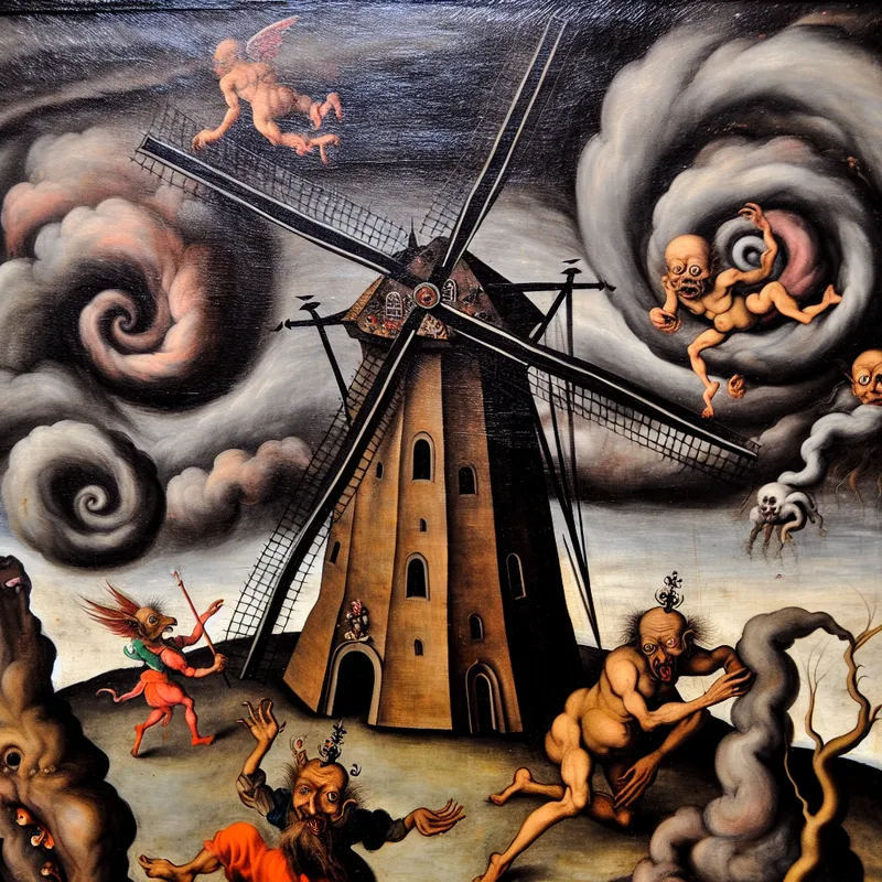 Surrealistische afbeelding van een molen met wieken die wild draaien in een storm, omgeven door vreemde wezens.