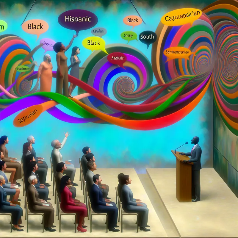 Een surrealistisch beeld van een diverse groep mensen bij een podium, omringd door kleurrijke geometrische vormen die verschillende woke termen uitbeelden.