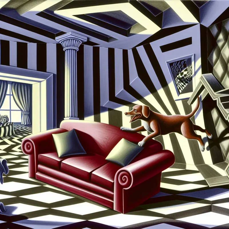 Een hond springt plotseling tevoorschijn achter een geometrisch gevormde bank in een surrealistische woonkamer.