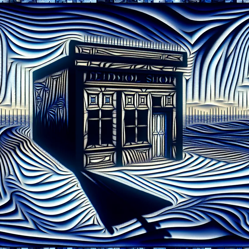 Een surrealistisch tafereel van een kleine winkel die onder water zakt tijdens een crisis, met geometrische golven rondom.